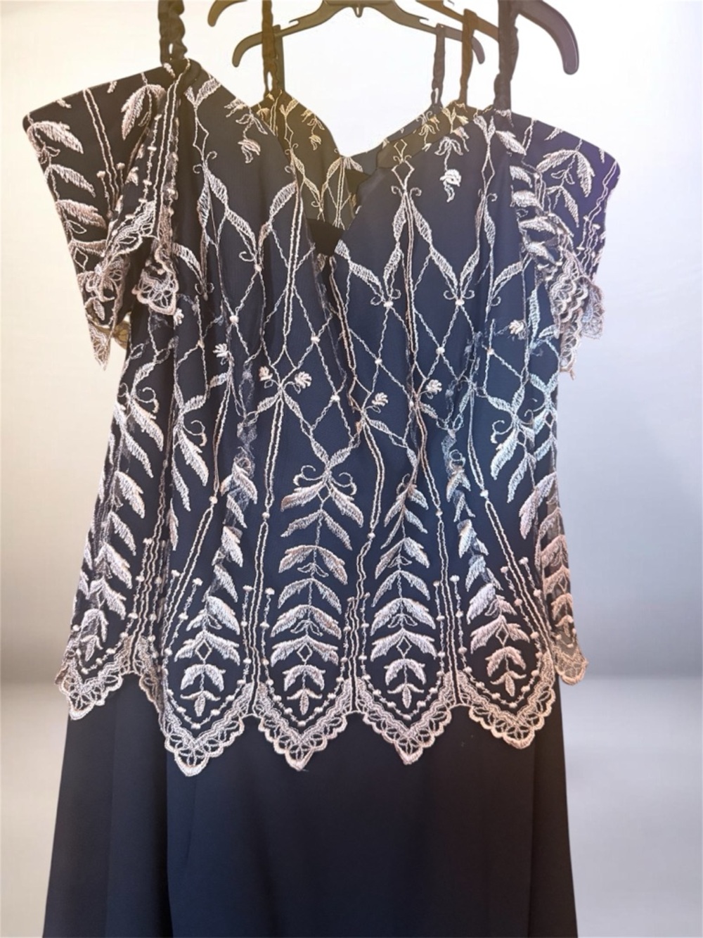 Cachet black Maxi Dress with gold Embroidered Overlay and Scallopedn Hem
